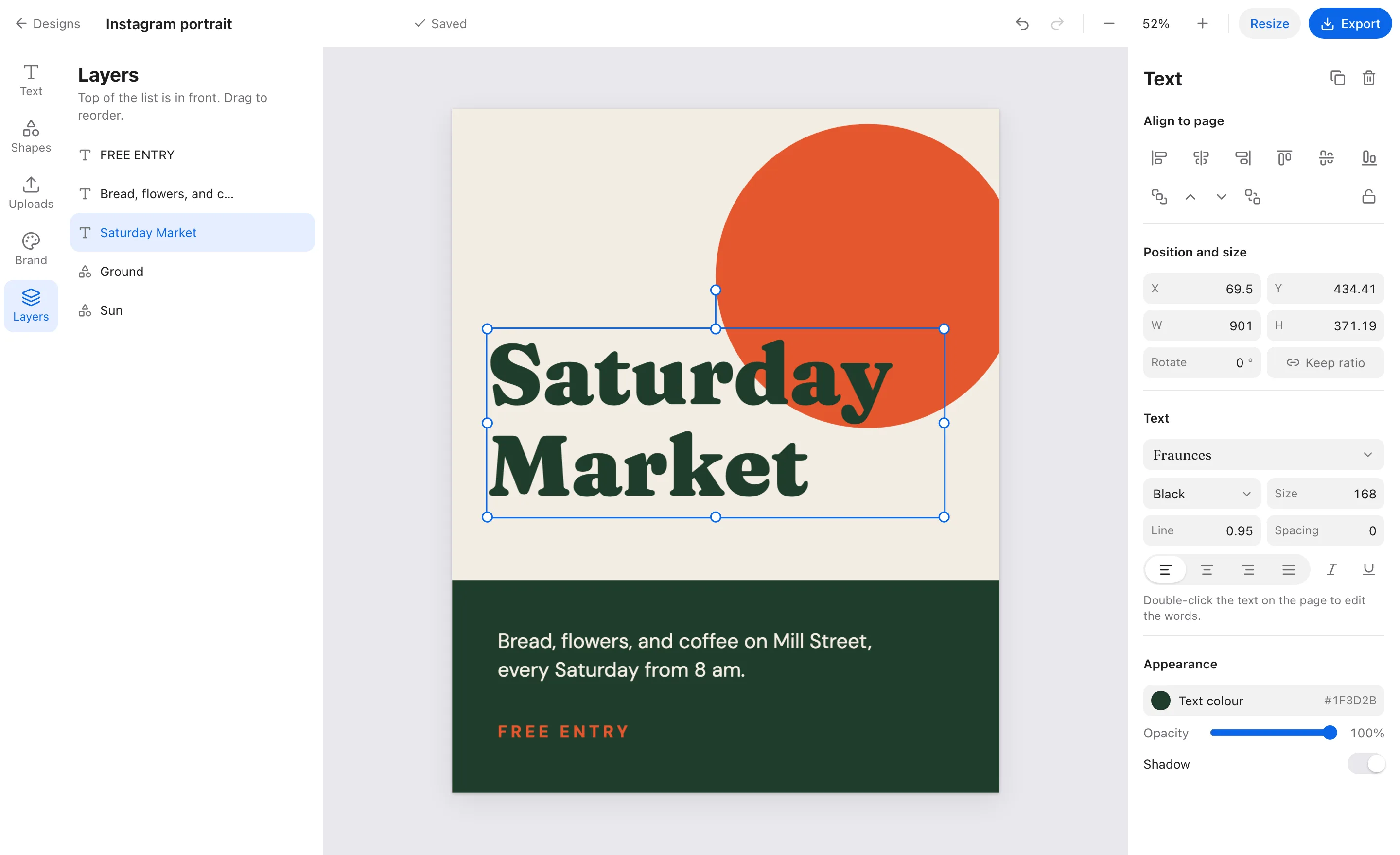 The Rynie Studio editor with a poster for a Saturday market: a heading in a heavy serif, an orange sun, and a dark green band of text. Layers are on the left and text settings on the right.